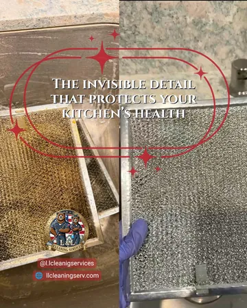 Instagram post by L&L Cleaning: Grease buildup inside range hood filters is a hidden hazard that hurts appliance performance and indoor air quality.