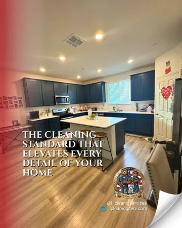 Instagram post by L&L Cleaning: Keeping a spacious, modern kitchen looking pristine takes time and the right techniques to protect high-end finishes.